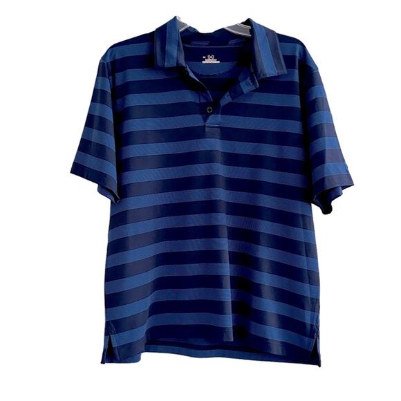 Under Armour UA Polo Mens Blue Striped Golf Short Sleeve Top Large Heatgear - Picture 1 of 11